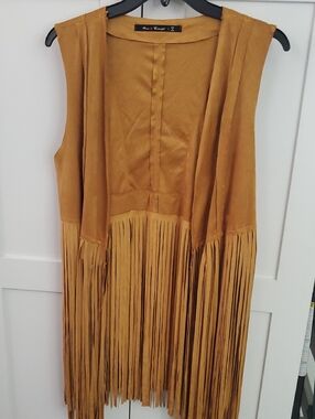 Roma Mustard Fringe Sleeveless Open Vest